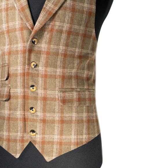 Mens 42R Wool Vest Beige Orange Plaid Waistcoat Formal Wedding Preppy Casual - Picture 6 of 10